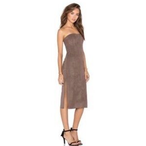 Halston Heritage Faux Suede Strapless Midi Dress Brown Taupe Slit Boned Size 10